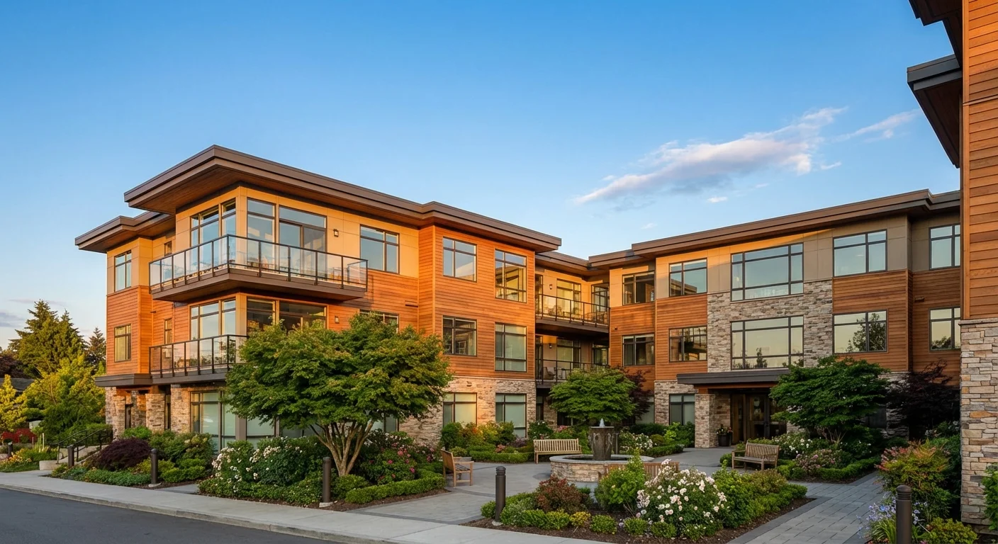 Exterior of a modern, well-landscaped senior apartment building under a clear blue sky.