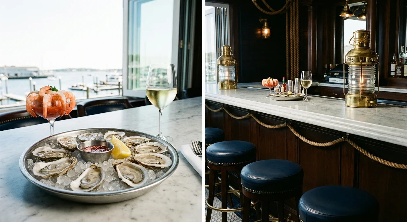 Fresh oysters and shrimp cocktail served with white wine at a seafood-focused steakhouse.