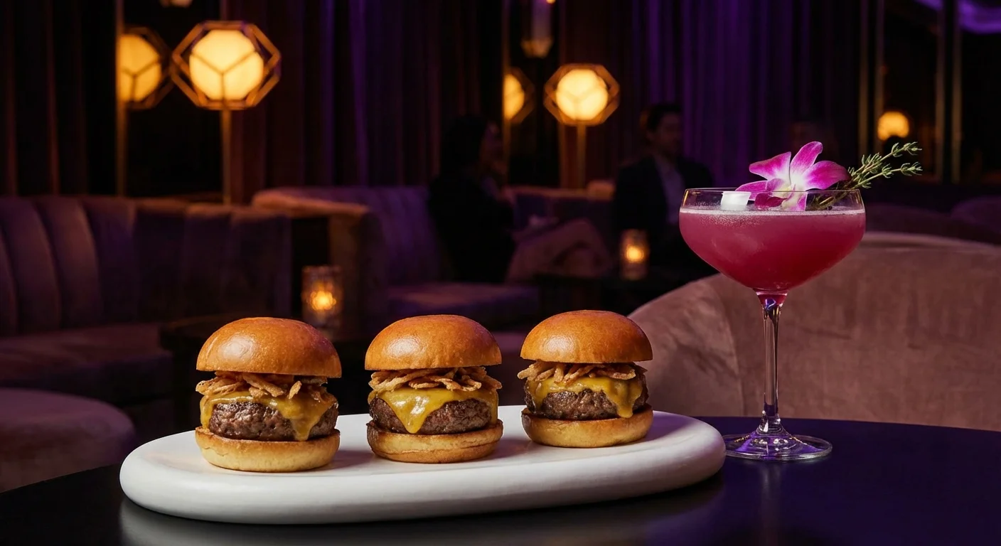 Gourmet wagyu sliders and a colorful cocktail in a modern, chic steakhouse setting.
