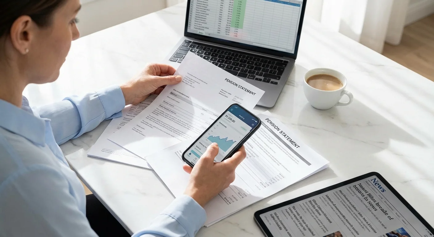 Hands organizing various financial papers and digital devices on a clean surface.