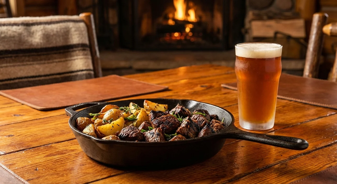 Hearty steak tips and a beer served in a warm, western-chic steakhouse setting.