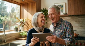 A happy retired couple looking at a tablet in a bright, modern kitchen.