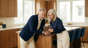A senior couple looking at a tablet in a bright kitchen with a focused expression.