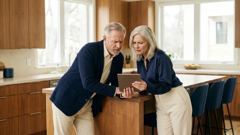 A senior couple looking at a tablet in a bright kitchen with a focused expression.