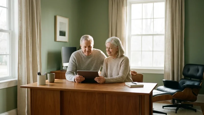 A retired couple reviews their 2026 financial plan on a tablet in a bright, modern home office.
