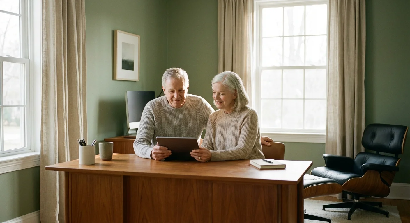 A retired couple reviews their 2026 financial plan on a tablet in a bright, modern home office.