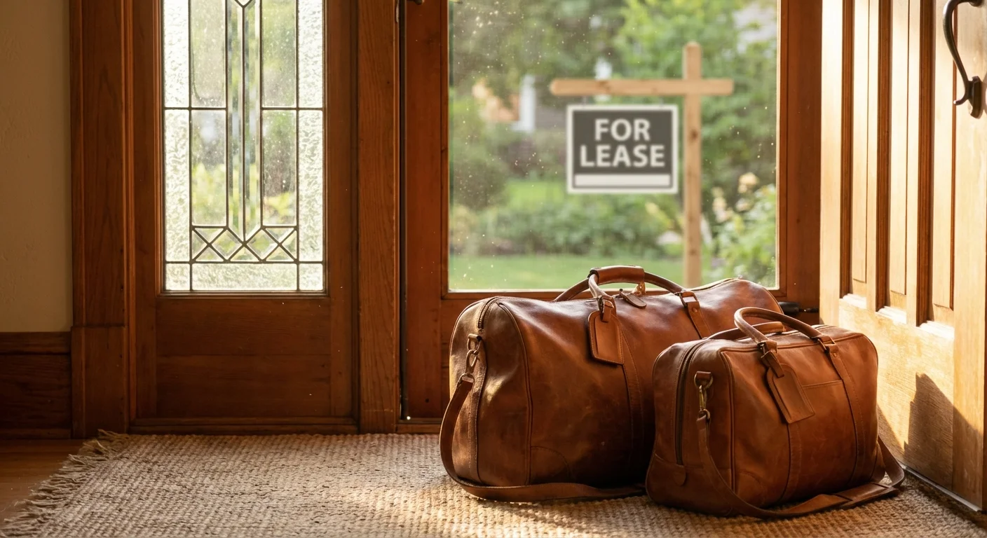 Packed leather suitcases in a sunlit hallway with a blurred rental sign visible outside.