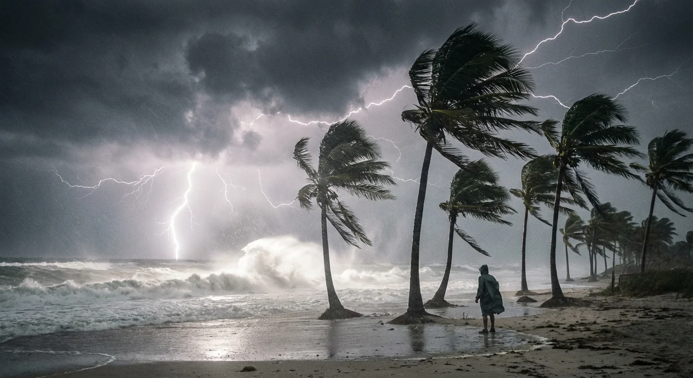 Palm trees swaying in the wind under a dramatic, dark storm sky in Florida.