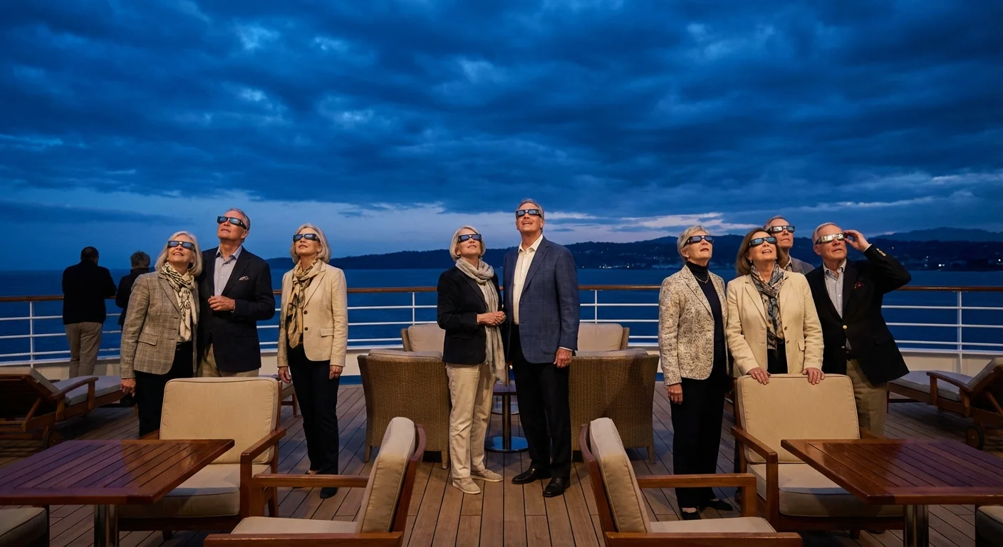 Retirees on a cruise ship deck preparing to view a solar eclipse with special glasses.
