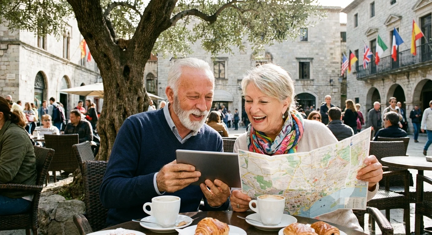 Senior couple researching international retirement options on a tablet at a sunny outdoor cafe.