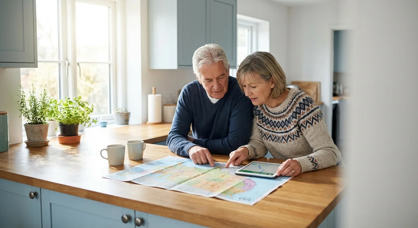 Senior couple researching state benefits on a tablet in a bright, modern kitchen.