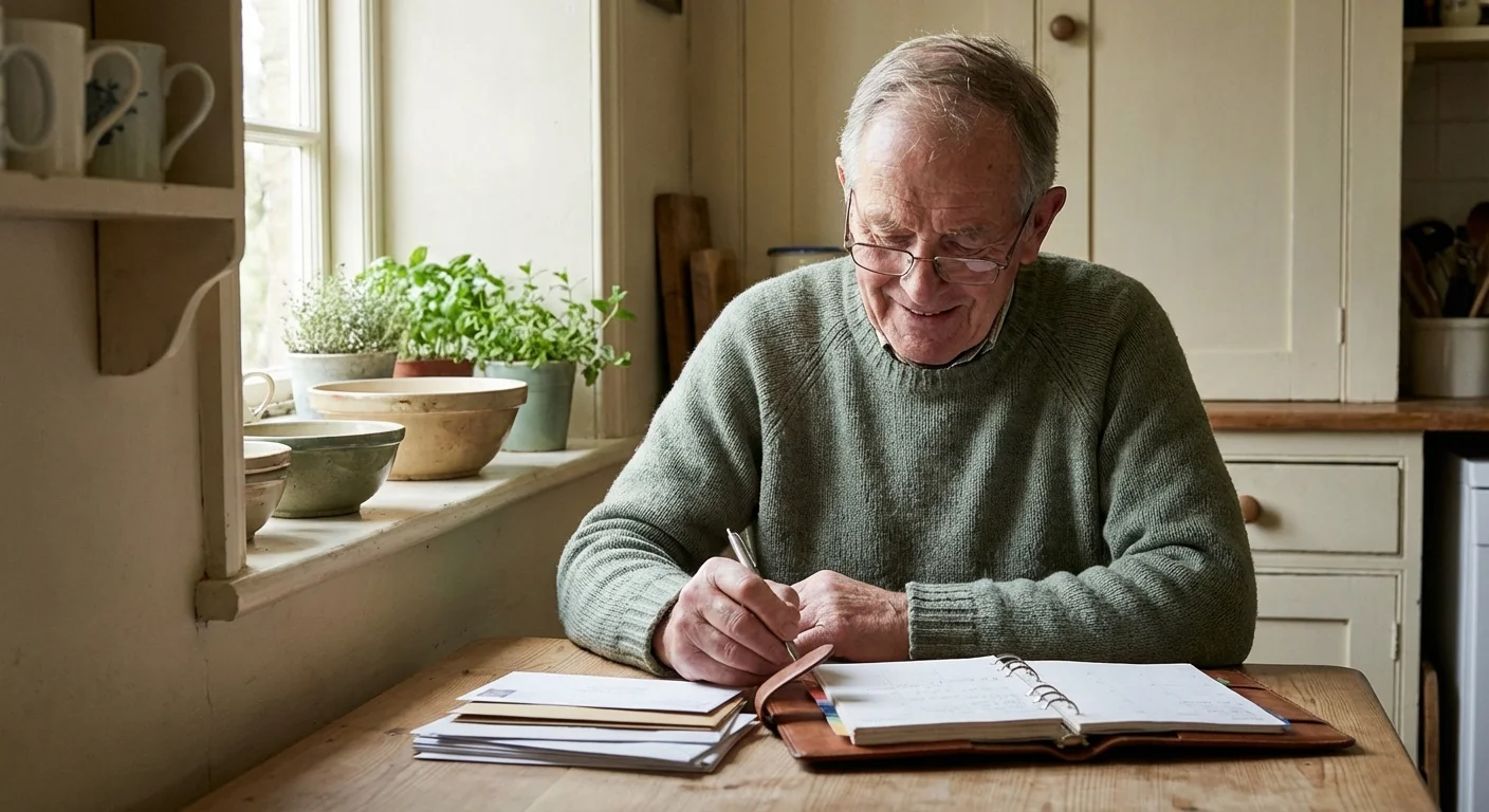 Senior man organizing his budget and bills in a bright kitchen.