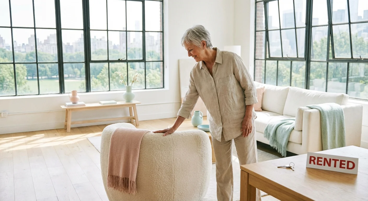 Senior woman exploring a bright, modern rental apartment with large windows and warm lighting.