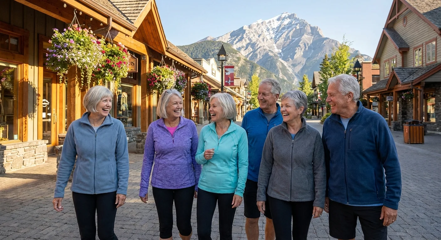Seniors walking through a charming mountain town with scenic peaks in the background.