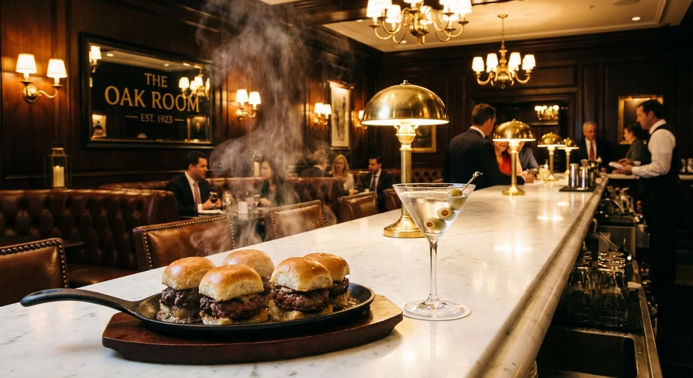 Sizzling steak sliders and a classic martini at a high-end steakhouse bar.