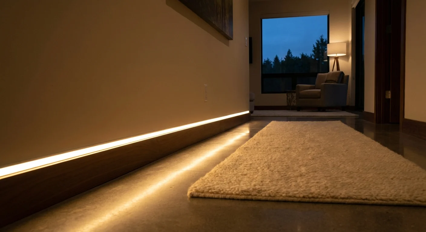 Subtle, high-end baseboard lighting illuminating a hallway floor at night.