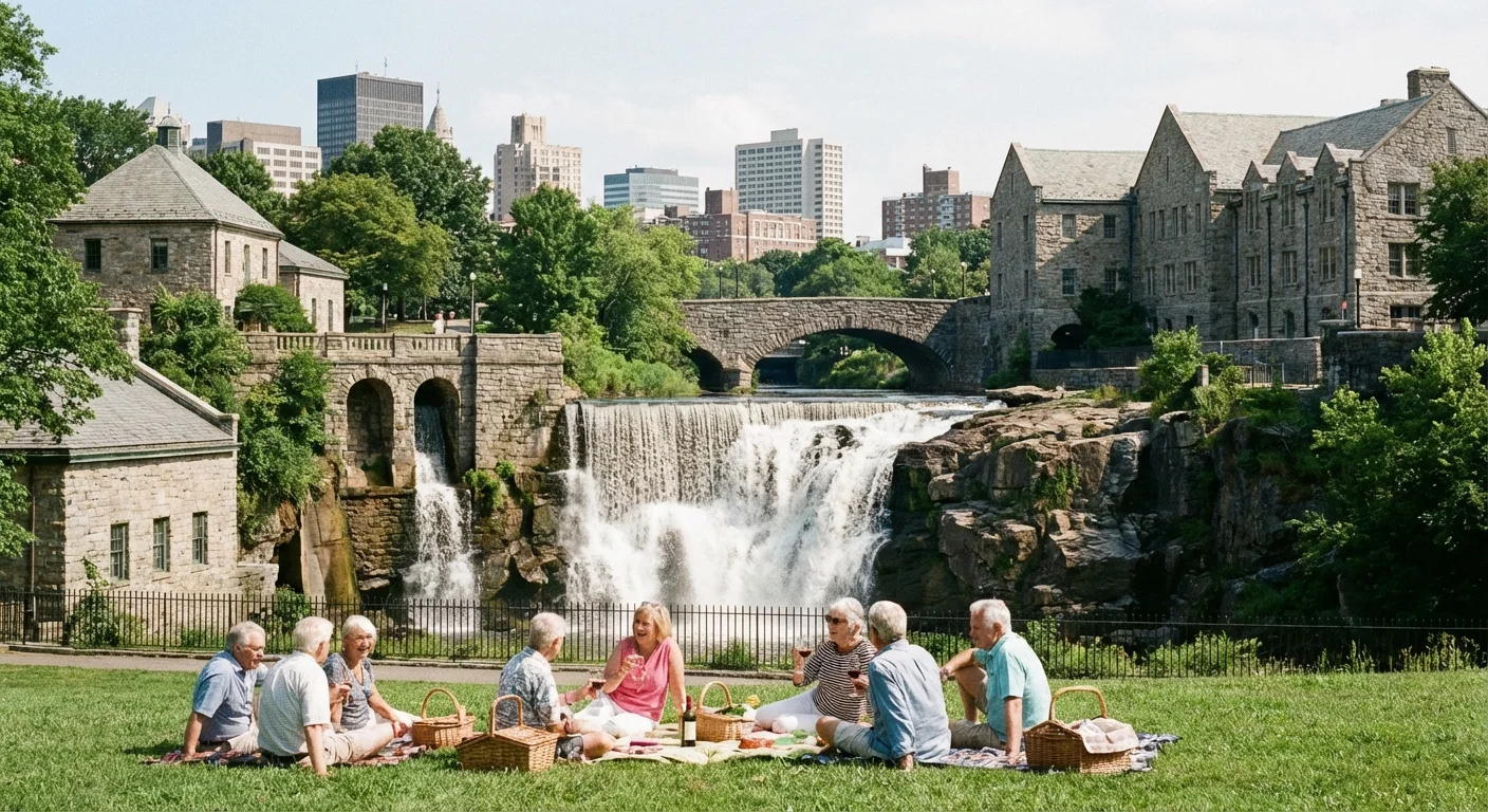 The iconic waterfalls at Falls Park in Sioux Falls, South Dakota.