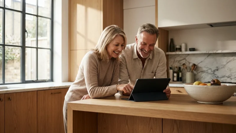 A mature couple reviewing their retirement plan on a tablet in a bright, modern kitchen.