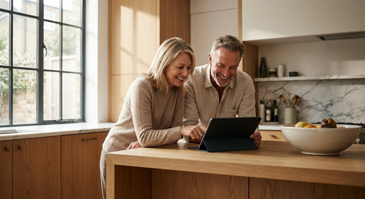 A mature couple reviewing their retirement plan on a tablet in a bright, modern kitchen.