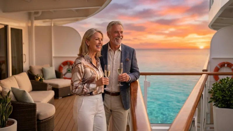 An elegant retired couple enjoying a sunset from a luxury cruise ship balcony.