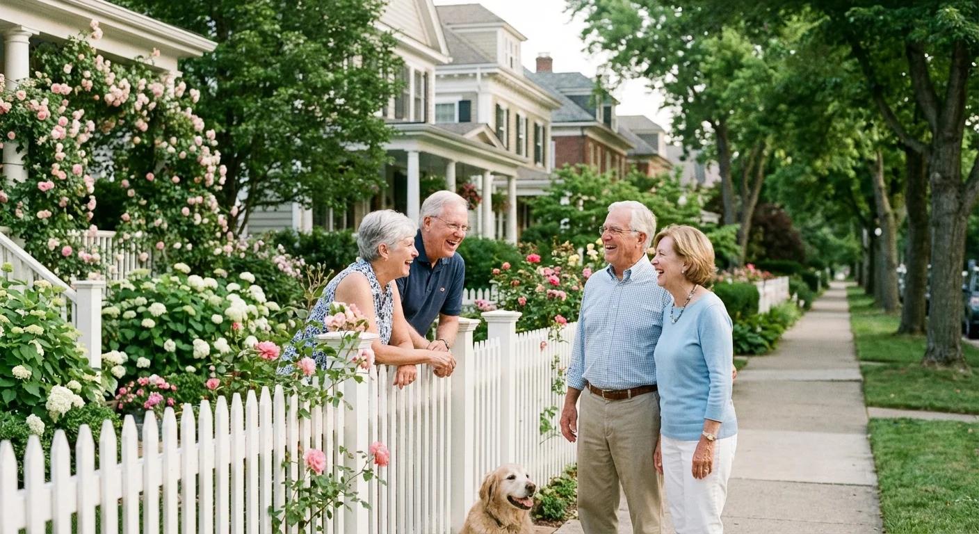 Two couples have a friendly conversation over a garden fence in a welcoming neighborhood.