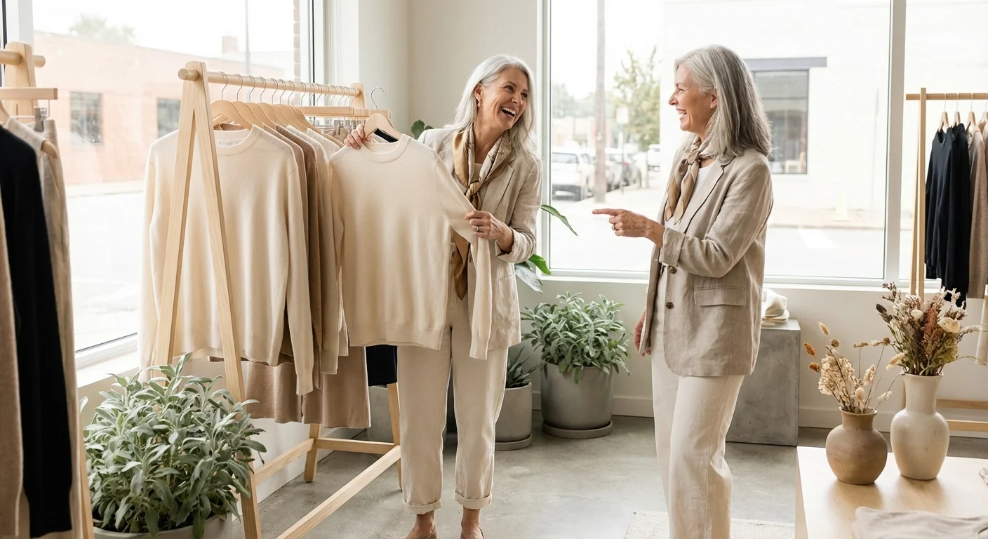 Two middle-aged women laughing while shopping for high-quality clothing in a bright boutique.