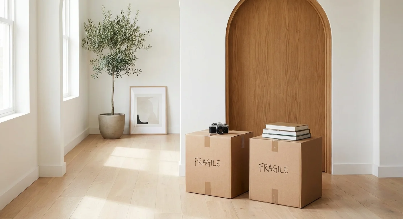 Two neatly packed boxes in a sunlit hallway, symbolizing the division of personal belongings.