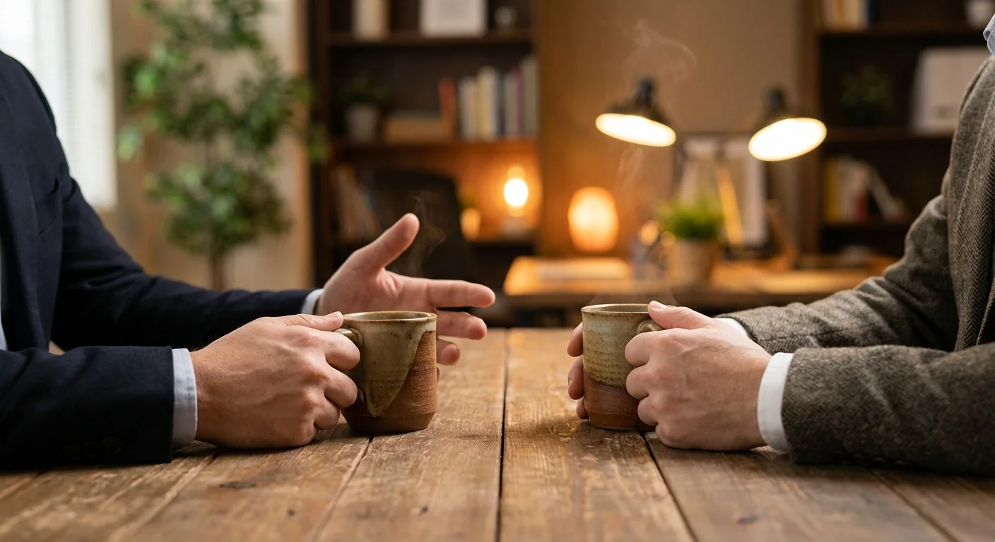 Two people having a professional conversation over coffee in a warm, bright setting.