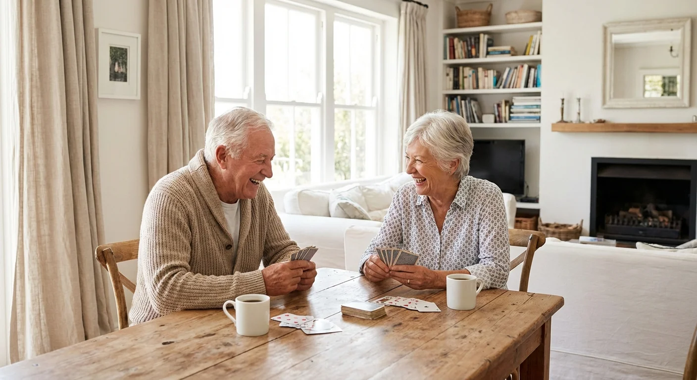 Two senior friends enjoy a friendly game of cards in a bright, modern home.