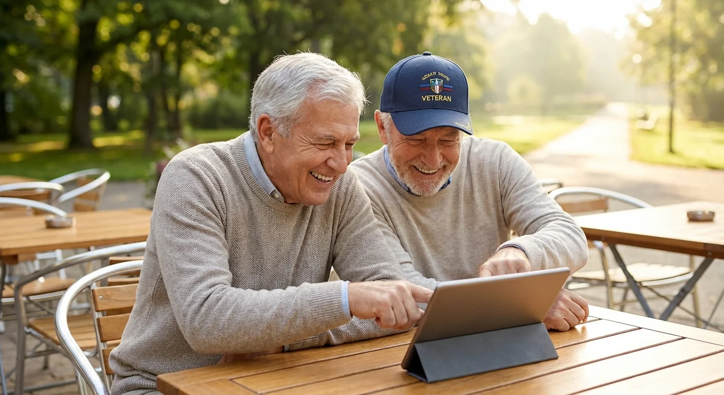Two veterans connecting over coffee and a digital tablet in an outdoor cafe.