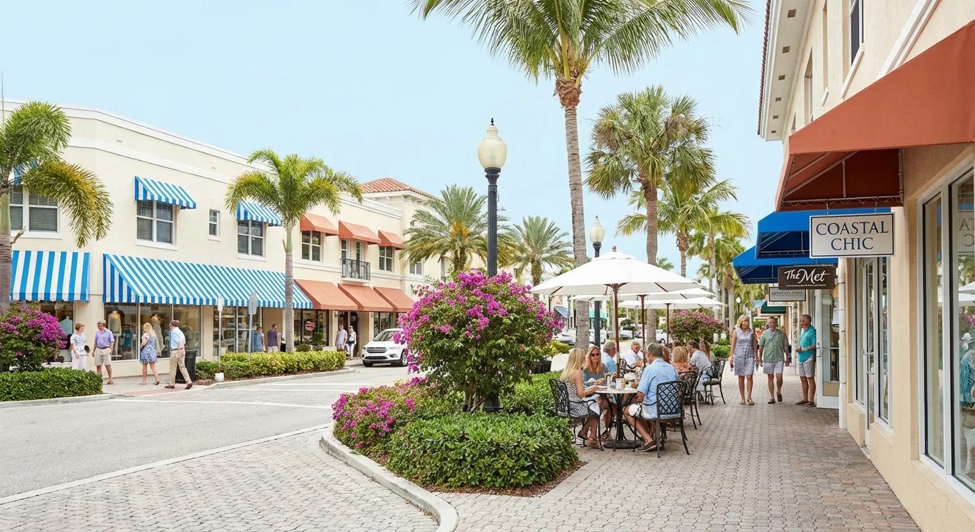 Upscale shopping and outdoor dining at St. Armands Circle in Sarasota.