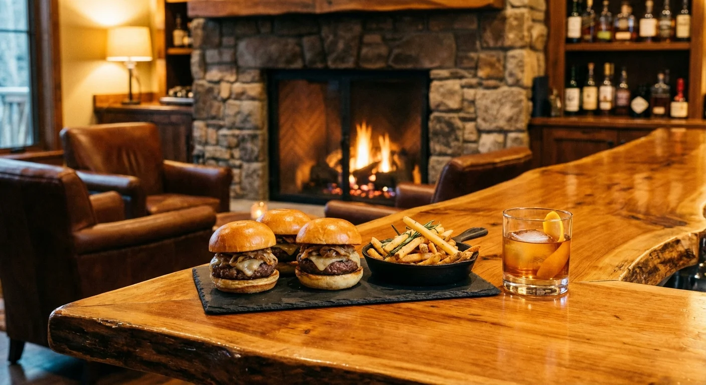 Wood-fired sliders and a cocktail in a warm, cozy steakhouse with a fireplace background.