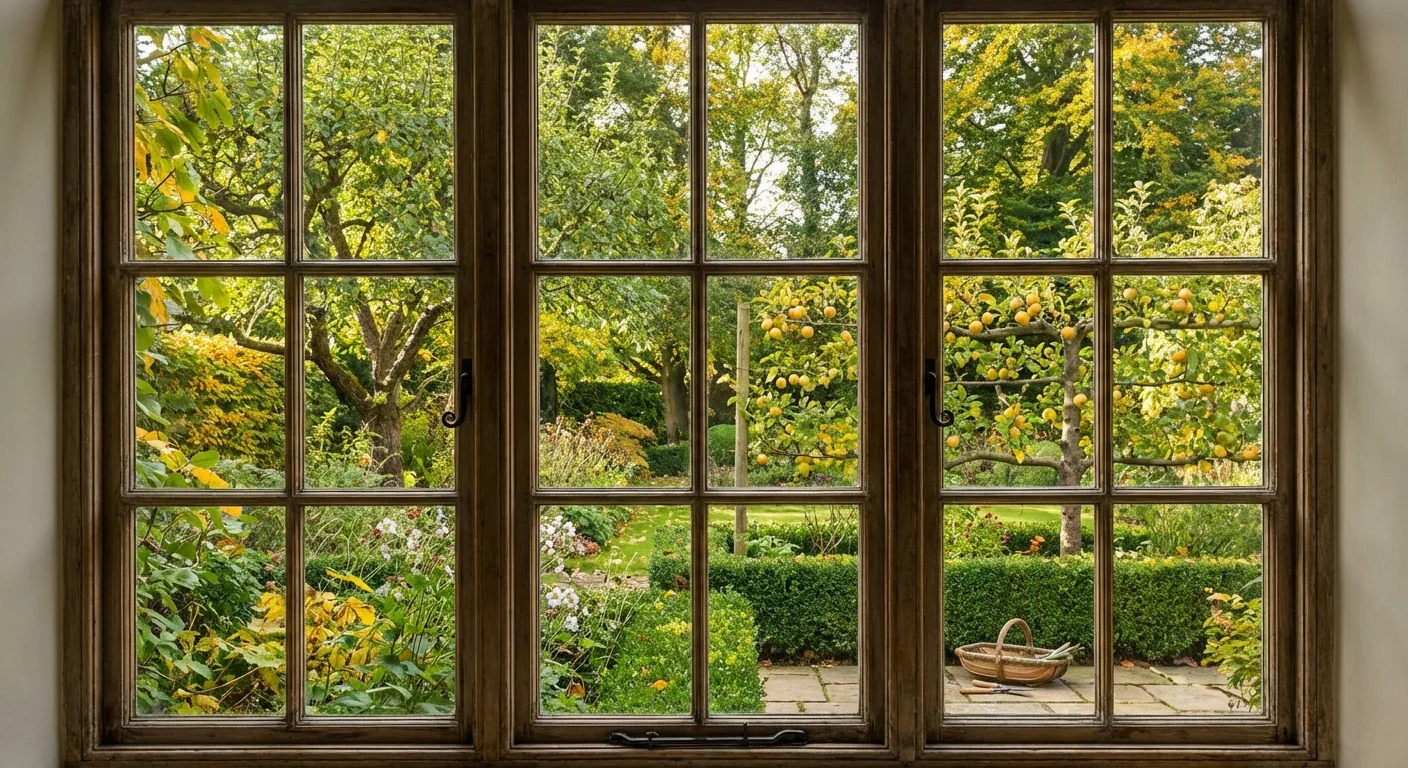 A beautiful garden seen through a window, symbolizing growth and pruning.