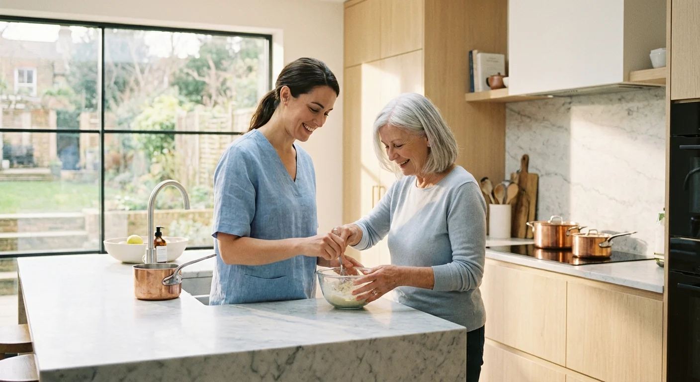 A caregiver assisting a senior woman in a bright, modern home kitchen.
