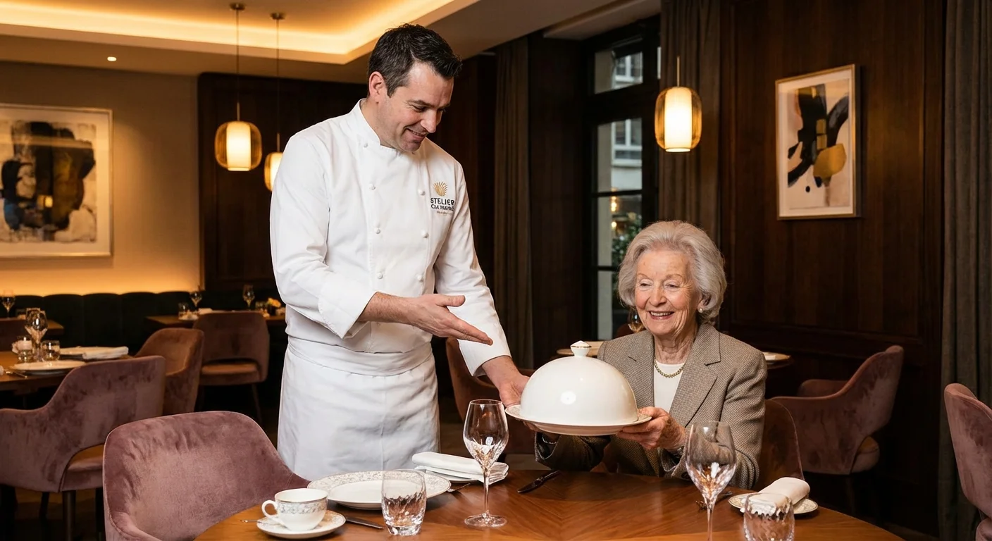 A chef serving a gourmet meal to a resident in a luxury senior living dining room.