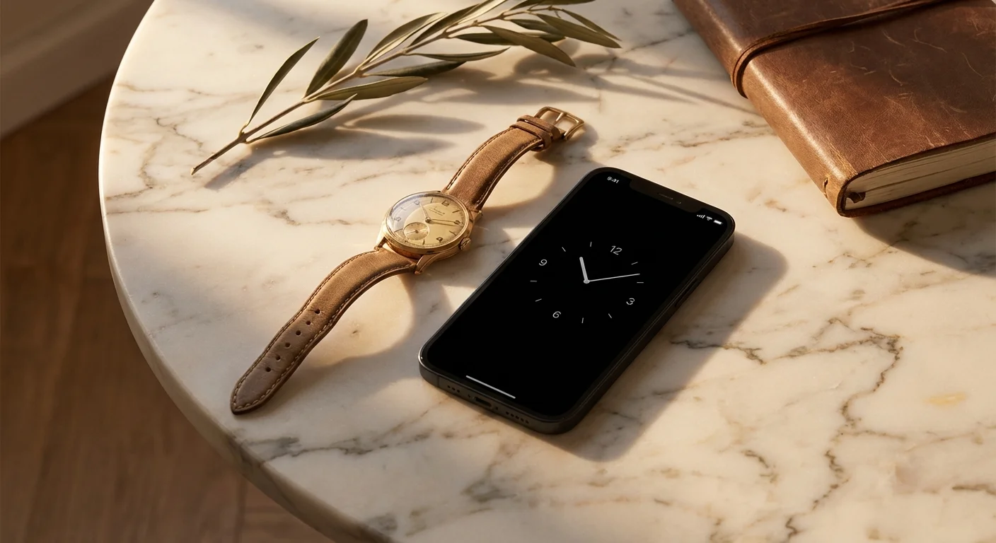 A classic watch next to a modern smartphone on a marble table, symbolizing fixed vs. fluid assets.