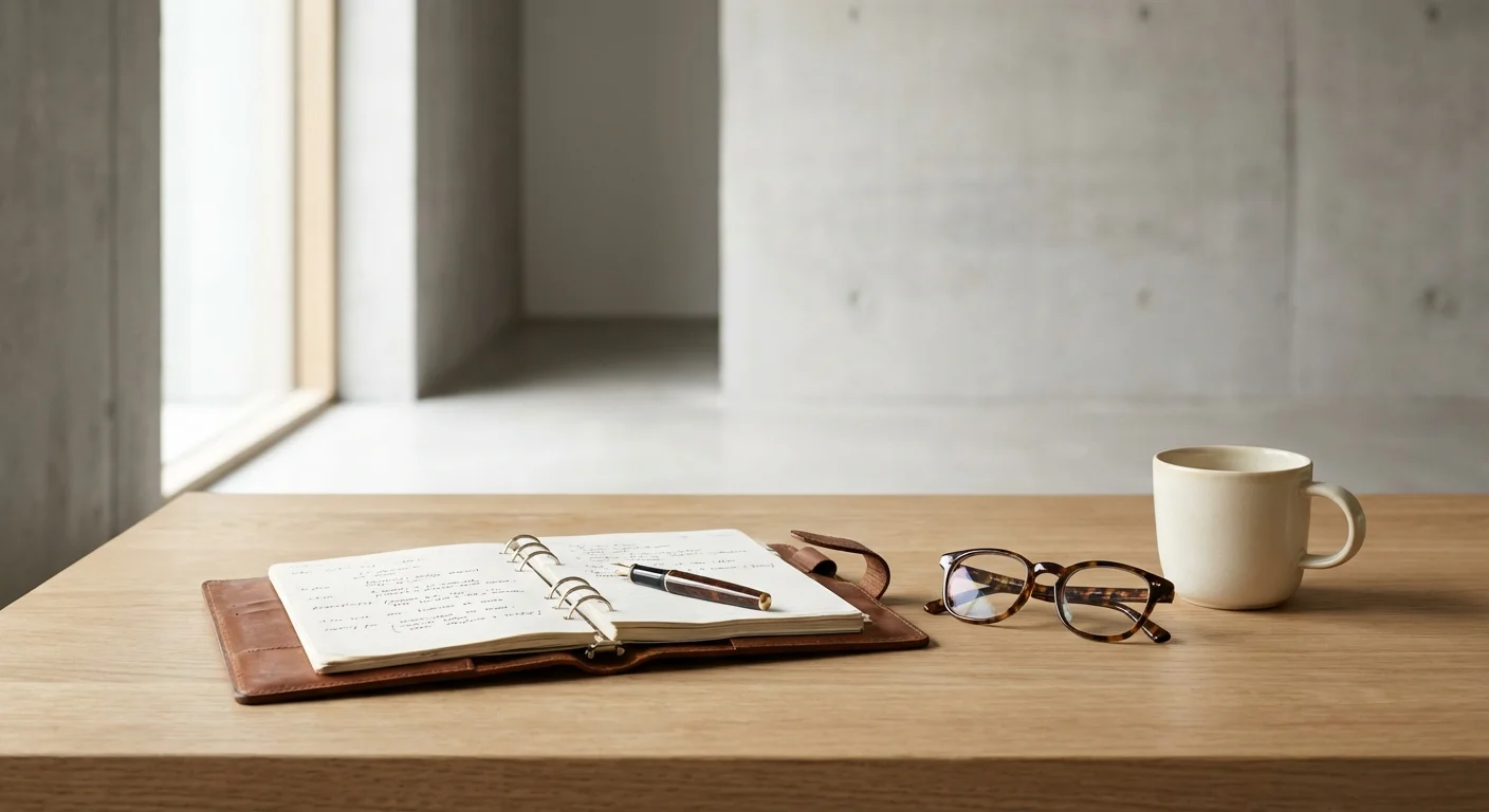 A clean, organized desk with a planner and glasses, representing a clear financial overview.