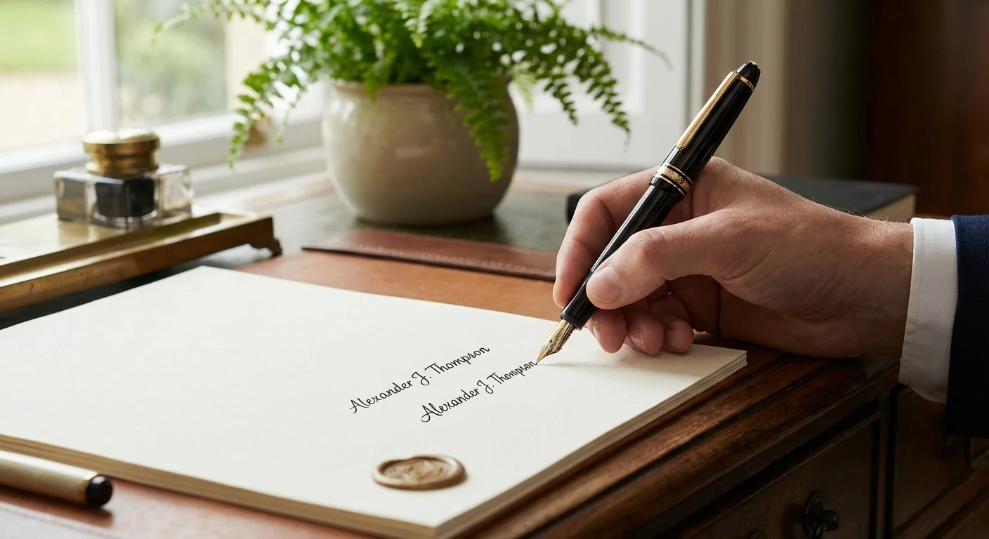 A close-up of a hand signing a formal document with a fountain pen.