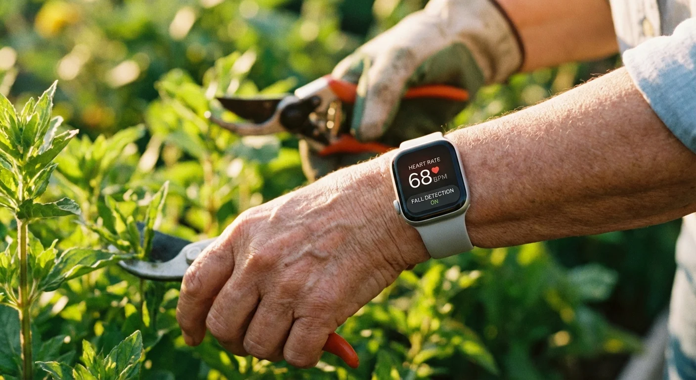 A close-up of a senior woman wearing a smartwatch while gardening in the sun.