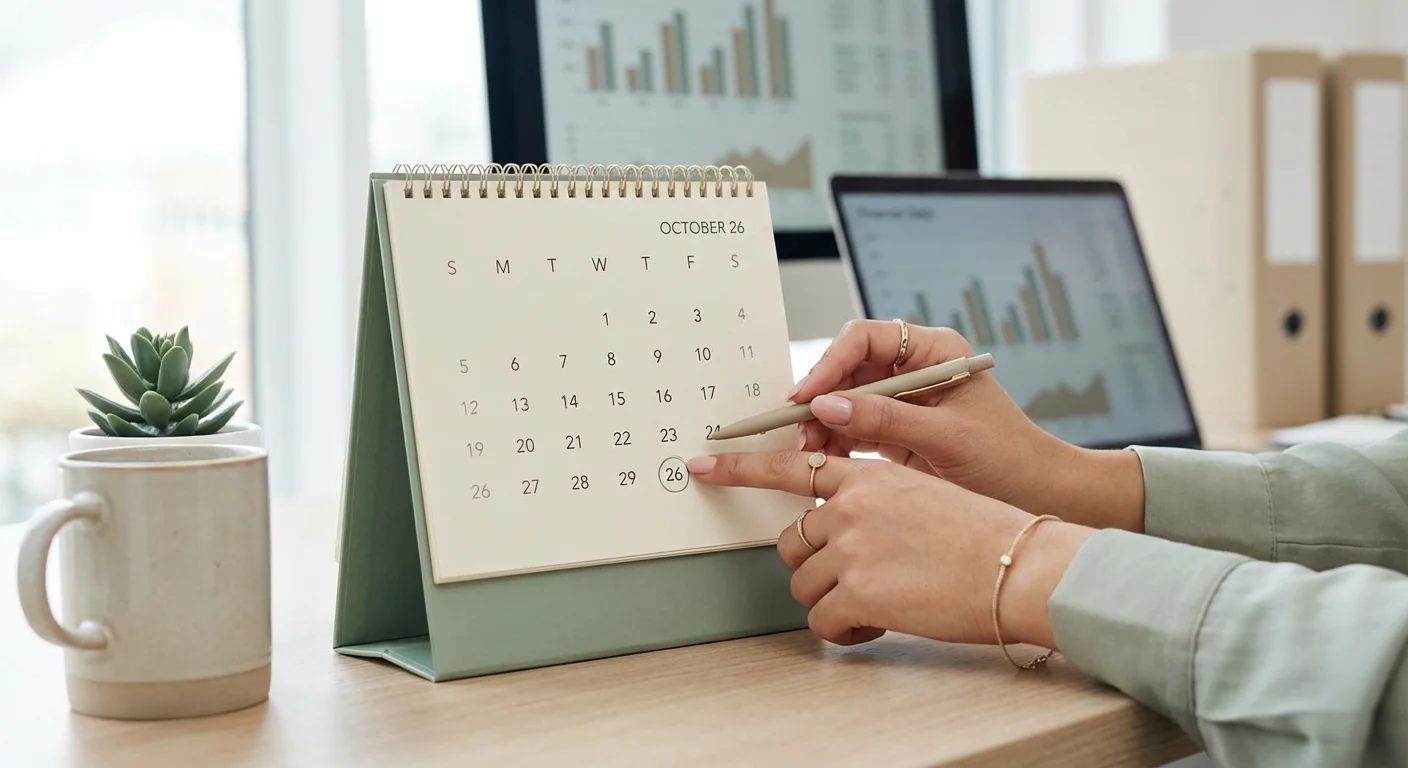 A close-up of hands pointing to a date on a calendar, representing the importance of the Full Retirement Age.