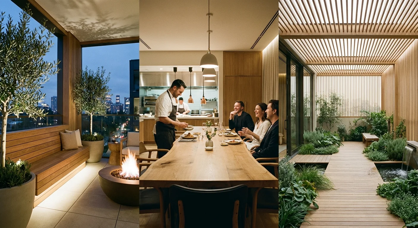 A collage showing different living environments within a senior community.