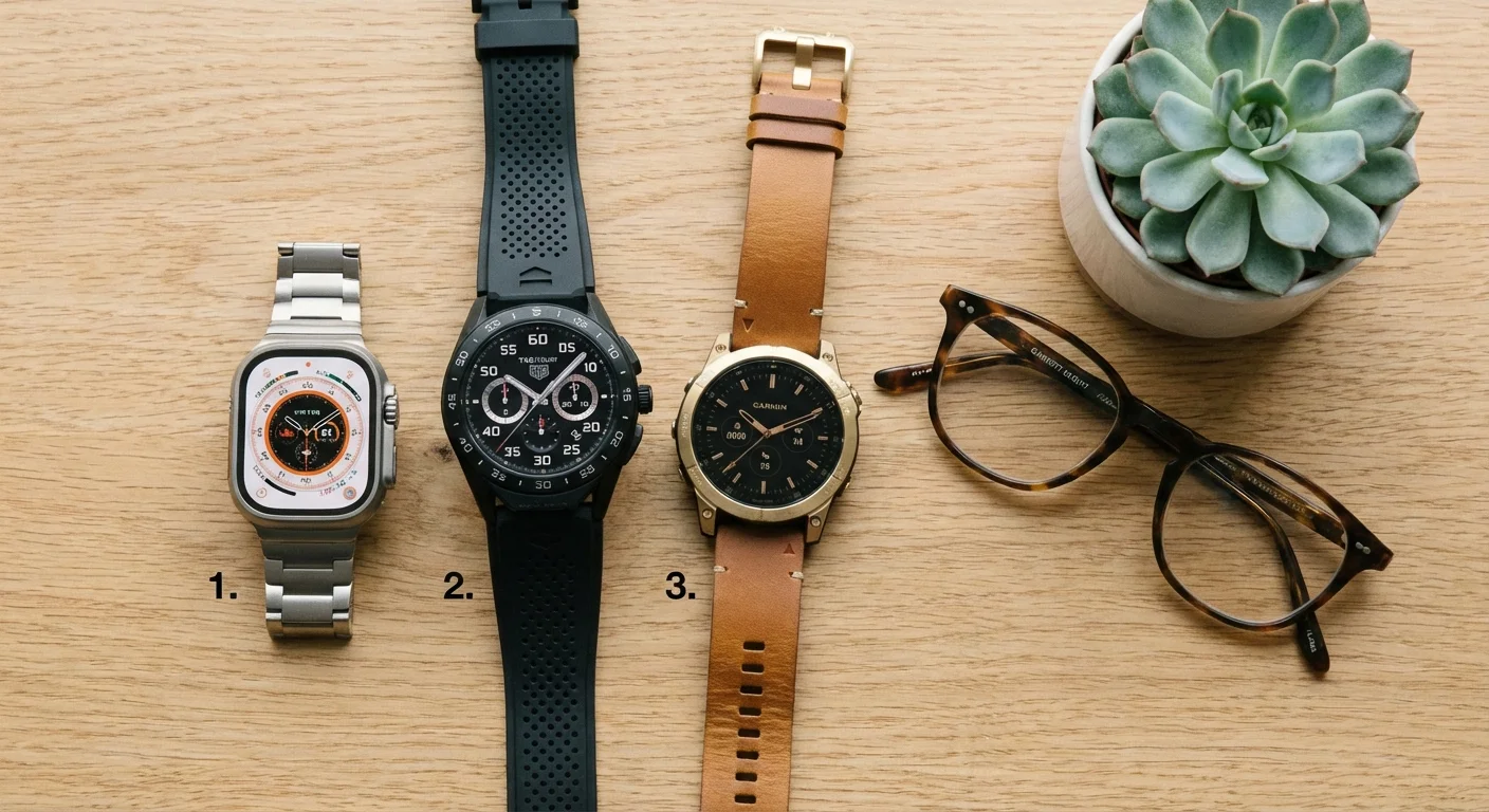 A collection of modern smartwatches for seniors arranged on a wooden table.