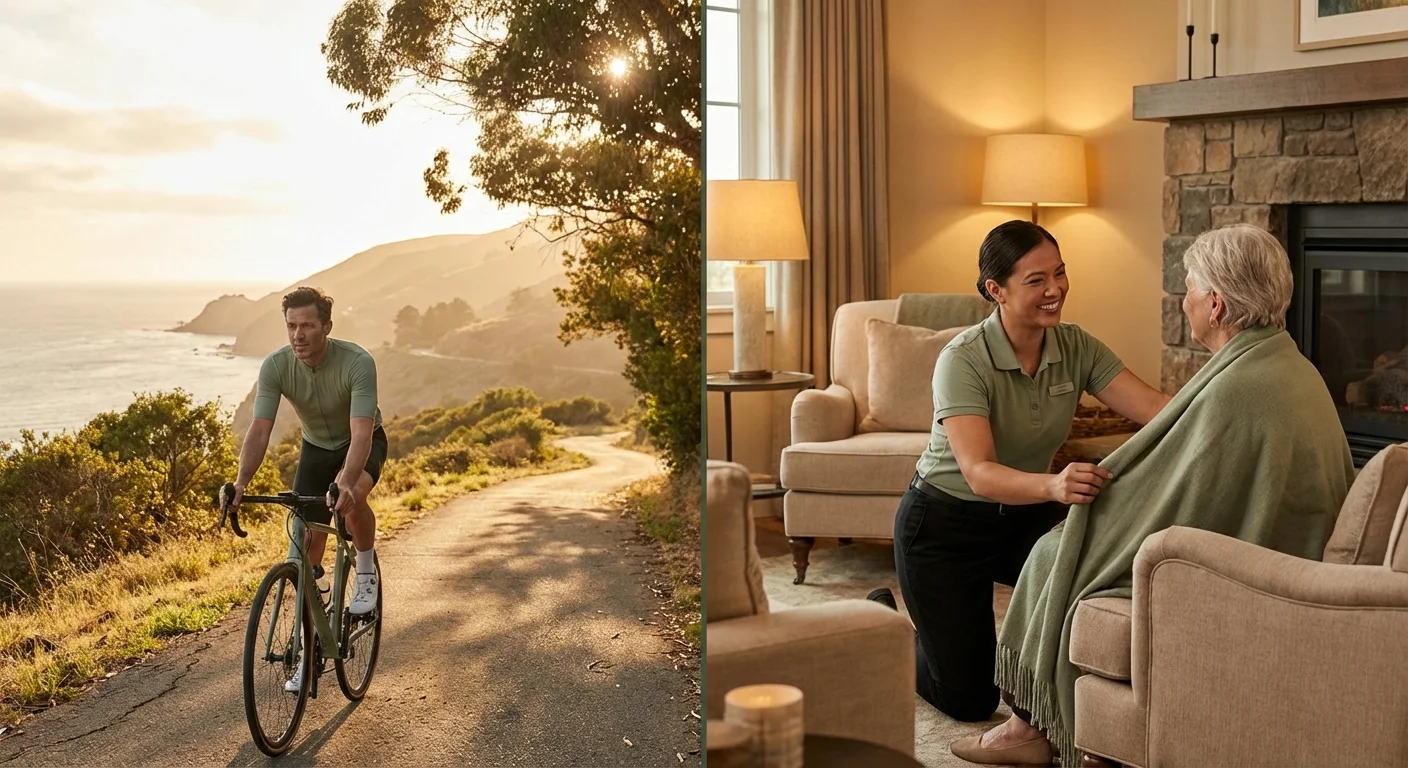 A comparison of an active senior cycling and a resident receiving light assistance in a luxury setting.
