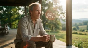 A contemplative retiree sitting on a porch during sunrise, reflecting on his new life stage.