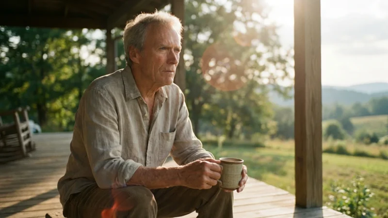 A contemplative retiree sitting on a porch during sunrise, reflecting on his new life stage.