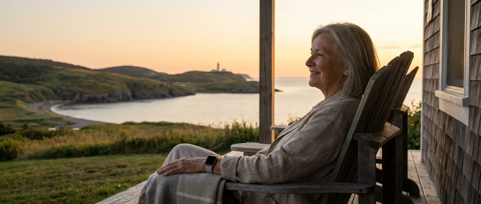 A content senior woman relaxing at home with her health wearable.