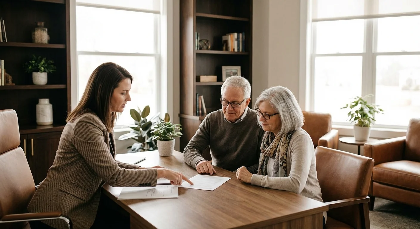 A couple discussing insurance premiums with a professional advisor.
