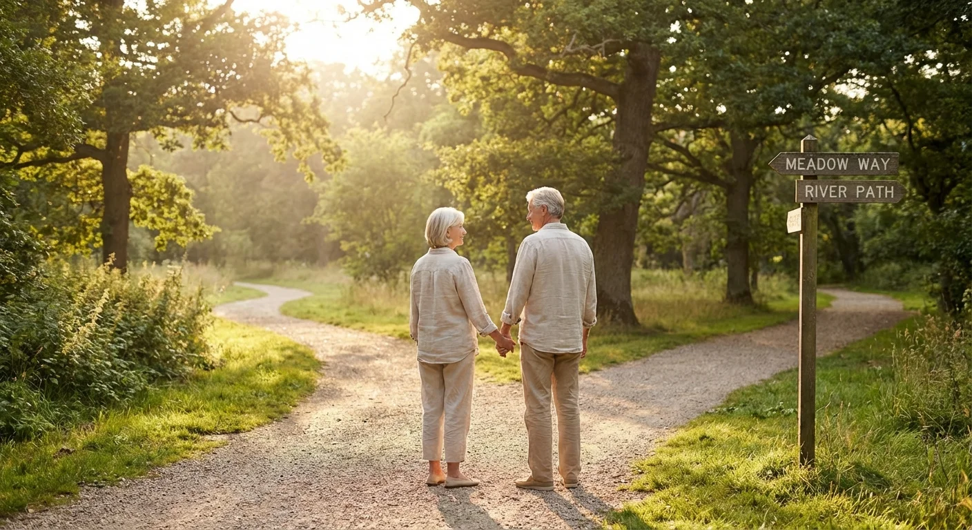 A couple walking in a park where the path divides, symbolizing choice.