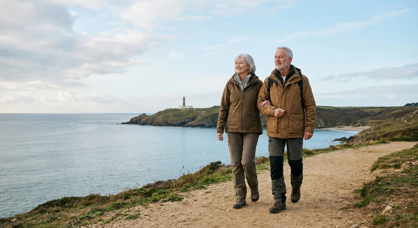 A couple walks along a peaceful coastal path, symbolizing the balanced approach of claiming at age 67.