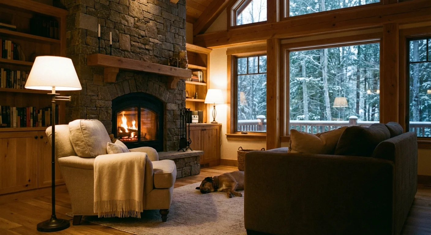 A cozy living room with a blanket and fireplace, representing financial security and care.